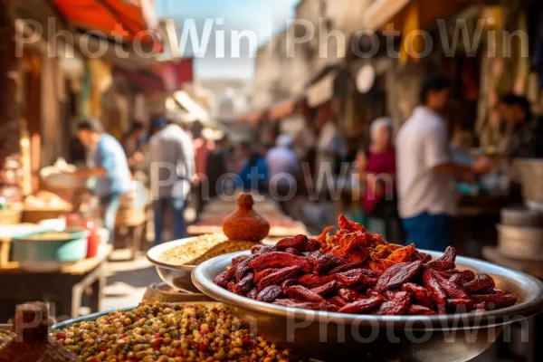 שוק רחוב שוקק מלא תבלינים ארומטיים ועבודות יד, ממדינת ישראל. מזון, פלפל מתוק איטלקי, צַלַחַת