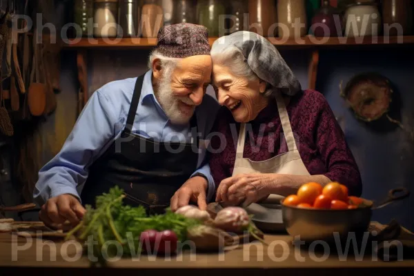 זוג מבוגרים חולקים במטבח מתכונים יהודיים מסורתיים, ממדינת ישראל. חיוך, מזונות טבעיים, פרי