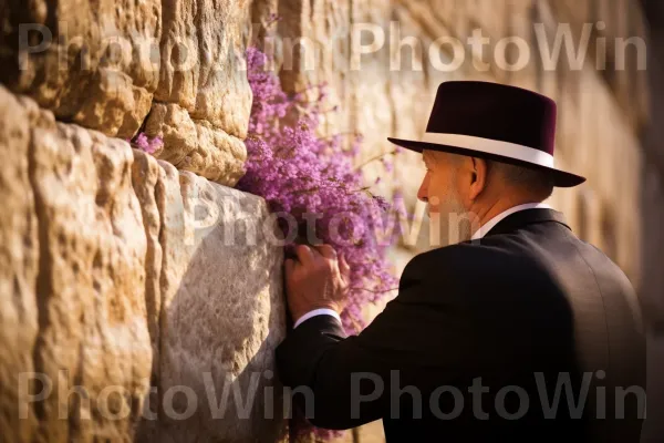 רגע תפילה רגוע בכותל המערבי בירושלים, ממדינת ישראל. פדורה, כובע שמש, עֵץ