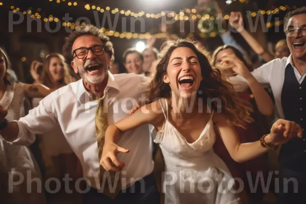 משפחה רוקדת בשמחה בחגיגת חתונה יהודית חגיגית ממדינת ישראל. הבעת פנים, בידור, מחווה