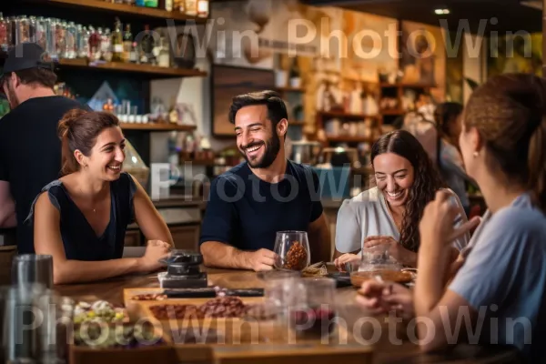 חברים מתאספים בבית קפה תוסס, לוגמים קפה ארומטי ומנהלים שיחות ערות, ממדינת ישראל. חיוך, צרכן, מַדָף