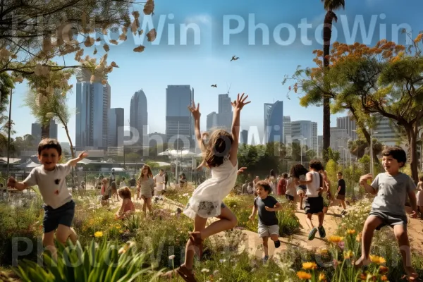 ילדים משחקים בפארק תל אביבי תוסס תחת השמש החמימה, ממדינת ישראל. שָׁמַיִם, גורד שחקים, בִּניָן