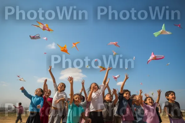 ילדים משחררים עפיפונים בל\"ג בעומר, חגיגה משמחת בישראל ממדינת ישראל. חיוך, אנשים בטבע, אנשים על החוף