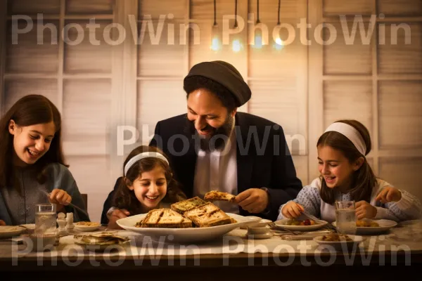 משפחה חוגגת פסח, עם שולחן ליל סדר ערוך להפליא, ממדינת ישראל. מזון, אינטראקציה, שיתוף