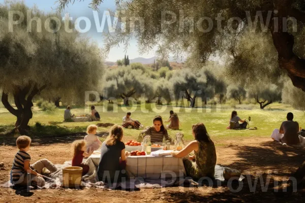 משפחות נהנות מפיקניק בצל עצי זית, ממדינת ישראל. טֶבַע, שָׁמַיִם, דֶשֶׁא