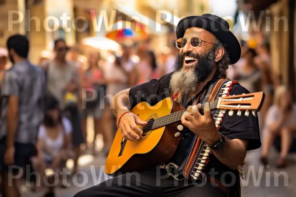 נגן רחוב כובש קהל עם נעימת כליזמר מהפנטת ביפו ממדינת ישראל. כלי נגינה, אביזר גיטרה, חיוך