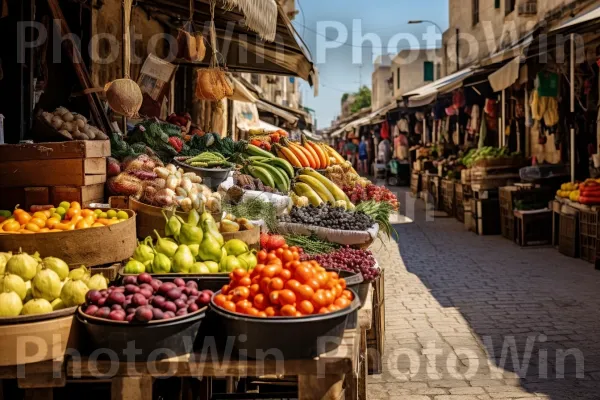 שוק חוצות צבעוני, שוקק קונים ומוכרים המוכרים תבלינים ופירות ישראלים, ממדינת ישראל. מזון, מזון בסיסי, פרי הדר