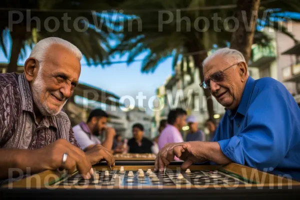 קשישים מקומיים עסקו במשחק שש בש תוסס בחיפה ממדינת ישראל. רֹאשׁ, חיוך, בן אנוש