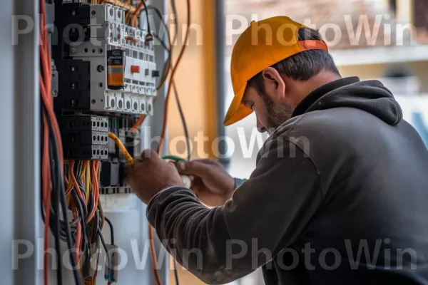 חשמלאי מיומן בחיווט מומחיות של בניין מגורים. בגדי עבודה, קבלן חשמל, כובע בייסבול