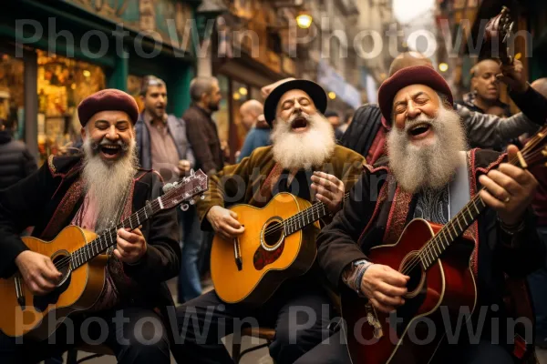 נגני רחוב מנגנים מוזיקה יהודית מסורתית, ממלאים את האוויר במנגינות מתנגנות, ממדינת ישראל. כלי נגינה, מוּסִיקָאִי, גִיטָרָה