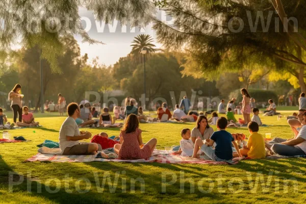 משפחות בפיקניק בפארק ישראלי, נהנות ממזג האוויר הים תיכוני שטוף השמש, ממדינת ישראל. צמח, עֵץ, בילוי בחוץ