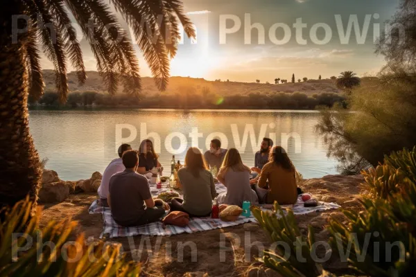 חברים נהנים מפיקניק ביום שמשי, מוקף בטבע ממדינת ישראל. מים, צמח, טֶבַע