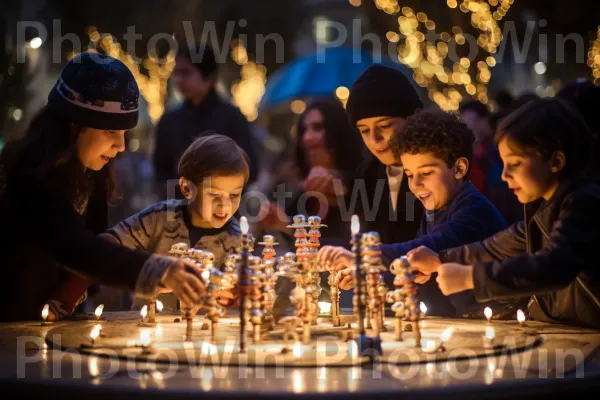 ילדים משחקים בסביבון בחגיגות חנוכה בפארק ירושלים ממדינת ישראל. משחקים וספורט מקורה, פְּנַאִי, כֵּיף