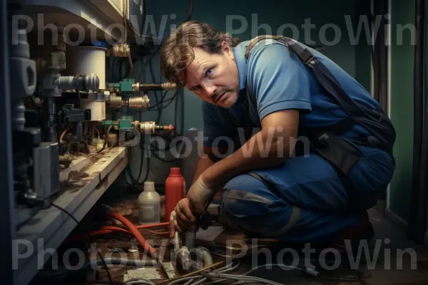 אינסטלטור מסור מתקן נזילה בדיוק ומומחיות. בגדי עבודה, מְכוֹנַאִי, אָמָן