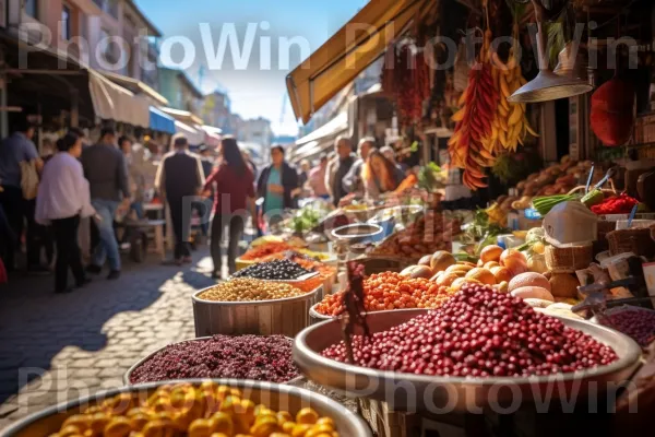 שוק חוצות צבעוני, שוקק קונים ומוכרים המוכרים תבלינים ופירות ישראלים, ממדינת ישראל. מזון, פרי, מזונות טבעיים