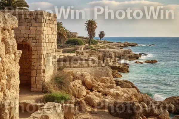 חורבות עתיקות של קיסריה מציגות מורשת היסטורית עשירה ממדינת ישראל. ענן, צמח, צבע תכלת