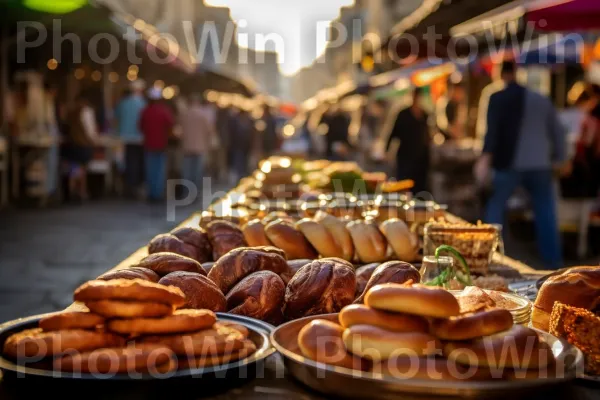 שוק תוסס ומלא רוכלים המוכרים לחם חלה טרי וריבות תוצרת בית ממדינת ישראל. כתום, מַרכִּיב, מוצרי מאפה