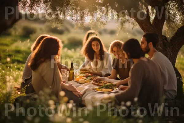 חברים בפיקניק מתחת לעץ זית, נהנים ממפגש שבועות שליו ממדינת ישראל. שַׂמֵחַ, כתום, עֵץ