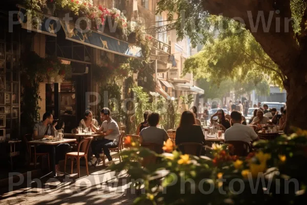 סצנת קפה חיצונית רגועה בעיר המקסימה חיפה ממדינת ישראל. כִּסֵא, פְּנַאִי, מרחב ציבורי