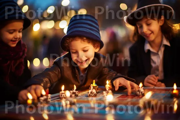 ילדים משחקים בסביבון בחגיגות חנוכה בפארק ירושלים ממדינת ישראל. מזון, חיוך, בן אנוש