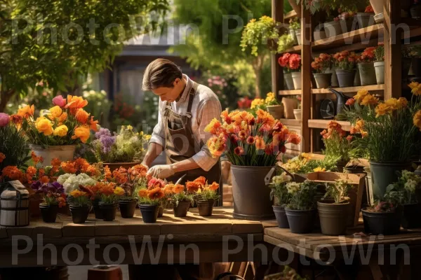 גנן קפדן המטפל במומחיות לסידורי פרחים תוססים. פֶּרַח, צמח, צמח ביתי