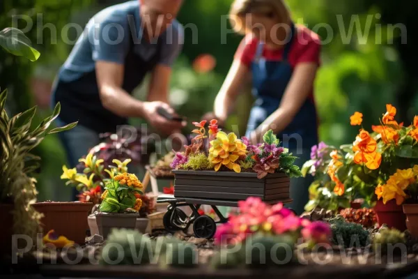 גננים חרוצים שעונים עם אגודל ירוק. פֶּרַח, עציץ, צמח ביתי