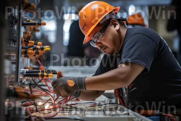 חשמלאי מוכשר שמתקין חיווט בבניין מסחרי במיומנות. כובע קשה, מהנדס, קבלן חשמל