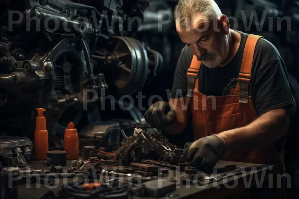 מכונאי בעל תושייה מתקן בעיית מנוע מורכבת. צילום פלאש, מהנדס, גַז