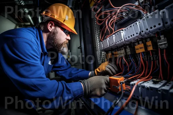 חשמלאי חוט במיומנות מערכות חשמל מורכבות. חַשׁמַלַאי, קַסדָה, כובע קשה