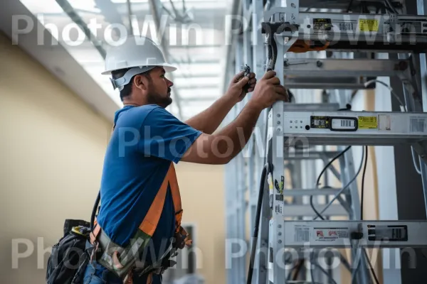 חשמלאי ראשי המתקין חיווט בבניין חדש. בגדי עבודה, כובע קשה, חַשׁמַלַאי