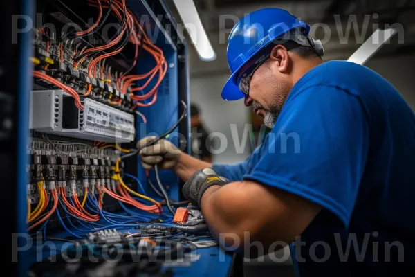 חשמלאי ראשי המתקין במיומנות מערכות חיווט מורכבות. חַשׁמַלַאי, כְּחוֹל, מנהל רשת