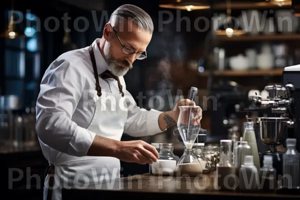 בריסטה מומחה מבשל כוס קפה מושלמת תוך הקפדה על הפרטים הקטנים. כלי שולחן, לחלות, לִשְׁתוֹת