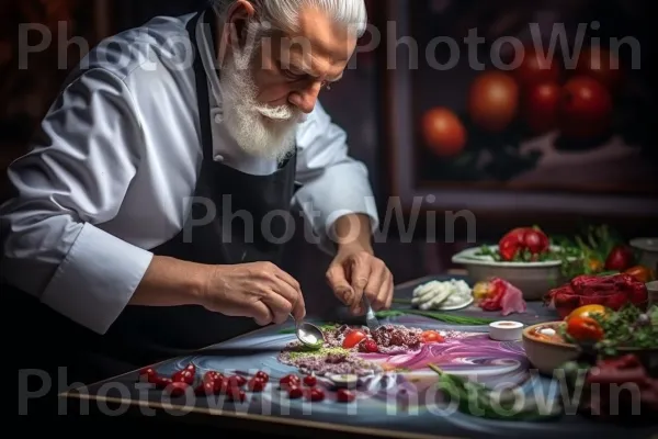 שף מקצועי יוצר יצירת מופת קולינרית עם עדינות ויצירתיות. כלי שולחן, עגבנייה שזיף, מזון