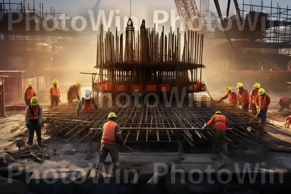 פועלי בניין זריזים בונים מבנים נישאים. בגדים בעלי נראות גבוהה, בִּניָן, חומר מרוכב