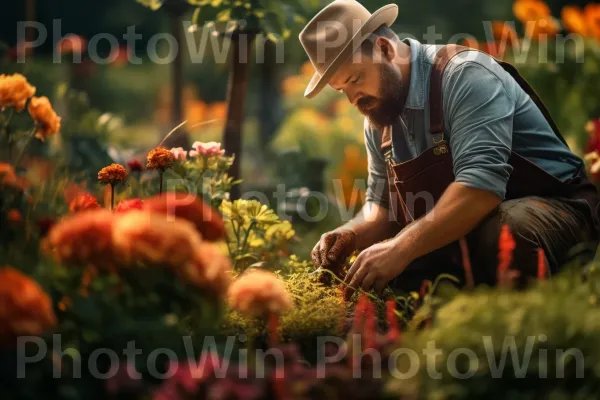 גנן זריז המטפל בגינה פורחת באהבה ובמומחיות. צמח, טֶבַע, סביבה טבעית