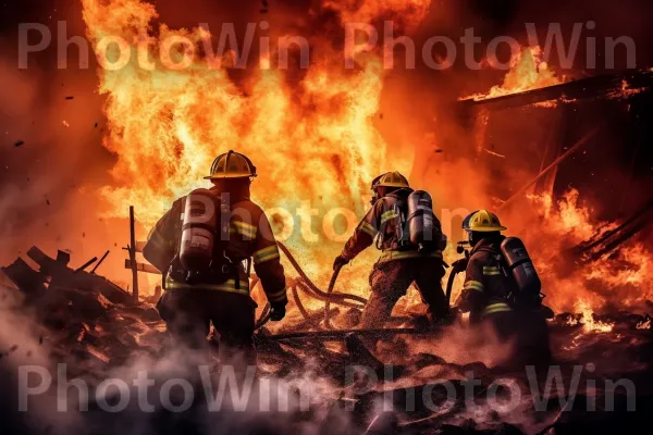 צוות של כבאים מכבה בגבורה תופת יוקדת. לֶהָבָה, זיהום, חוֹם