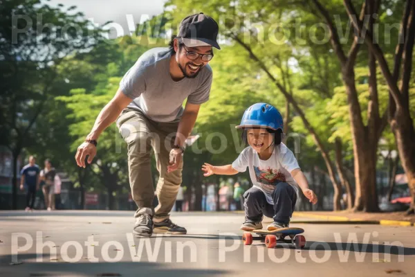 הורה מלמד את ילדו כיצד לרכוב על סקייטבורד בפארק. גַלגַל, חיוך, גולש סקייטבורד