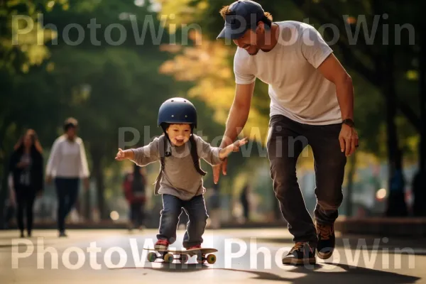 הורה מלמד את ילדו כיצד לרכוב על סקייטבורד בפארק. הַנעָלָה, קַסדָה, גִלגוּל