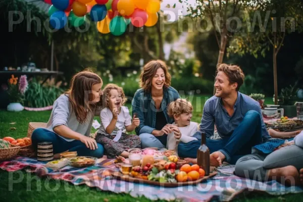 פיקניק משפחתי משמח בחצר האחורית שלהם. צמח, תַצלוּם, טֶבַע