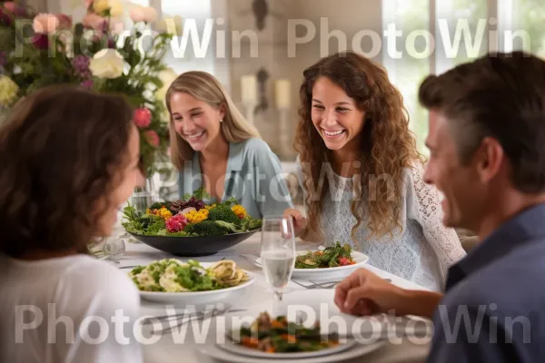 משפחה חייכנית התאספה סביב שולחן האוכל וחלקה ארוחה. חיוך, שולחן, מתכון