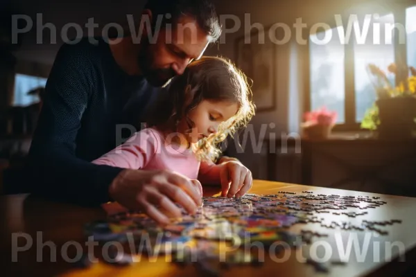 הורה עוזר לילד שלו להשלים פאזל מאתגר. צילום פלאש, כֵּיף, פְּנַאִי