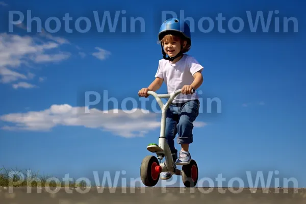 הורים מלמדים את ילדם איך לרכוב על אופניים. צמיג, שָׁמַיִם, קַסדָה