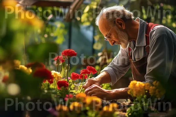 גנן פרואקטיבי מטפל בקפידה בצמחים בידיים מטפחות. בּוֹטָנִיקָה, עלה, אנשים בטבע