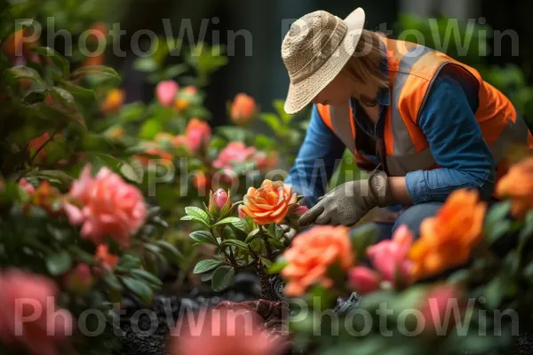 גנן מאסטר מטפח גינה משגשגת, מטפל בכל צמח בקפידה. עלה, כובע, כתום