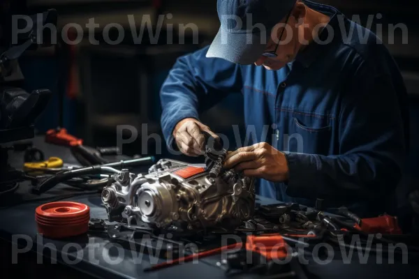 מכונאי מיומן מכוונן מנוע במומחיות לביצועי שיא. עיצוב רכב, גַז, מְכוֹנַאִי