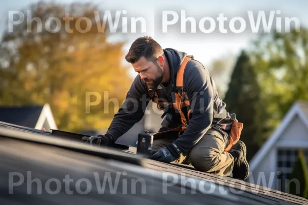 גגן זריז עובד ביעילות על תיקון גגות למגורים. שָׁמַיִם, עיצוב רכב, גג