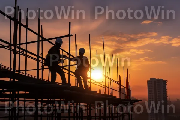 צוות פועלי בניין בונה ללא מאמץ גורד שחקים מתנשא. ענן, זוהר לאחר, חוֹם