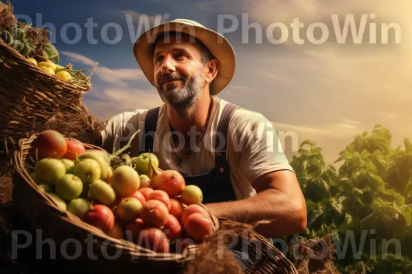 חקלאי חרוץ הקוצר יבול שופע בזהירות. מזון, שָׁמַיִם, כובע