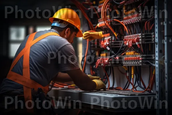 חשמלאי חרוץ בחיווט בניין מגורים. סוֹחֵר, כובע קשה, מהנדס