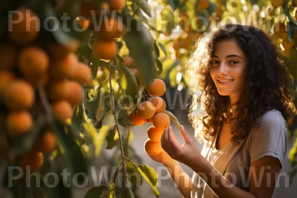 אישה מתפנקת במשמש ישראלי טעים, פינוק לבלוטות הטעם. עלה, כתום, מזונות טבעיים